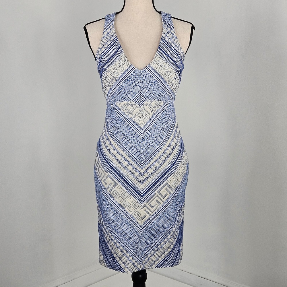 Amanda Uprichard Blue White Geometric Cutout Bodycon Mini Dress USA Size P XS
